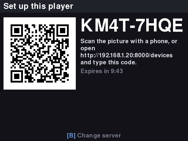 The pairing screen: a QR code, the code KM4T-7HQE and a countdown