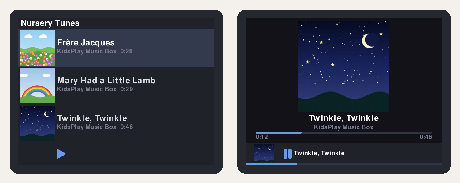 The KidsPlay player on a 640×480 handheld: a playlist and the play screen