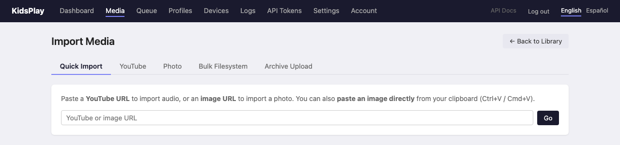 The import page: tabs for quick import, YouTube, photo, bulk filesystem and archive upload
