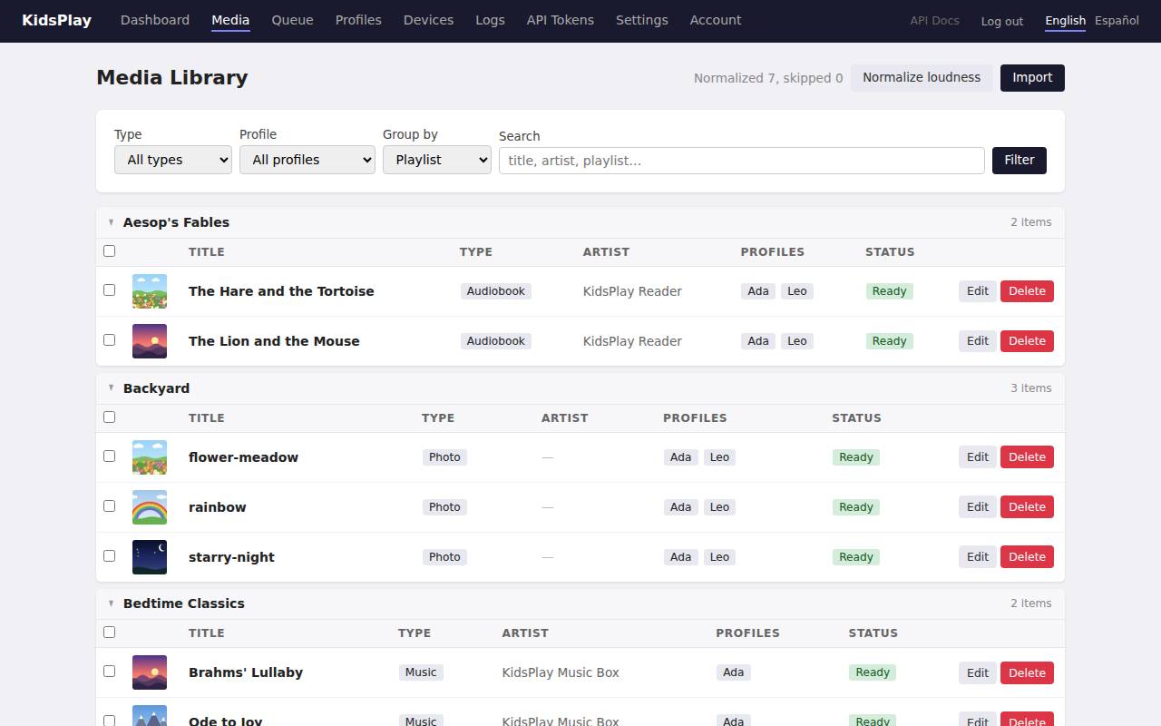 The web UI's media library, grouped by playlist, with each item's profiles and status