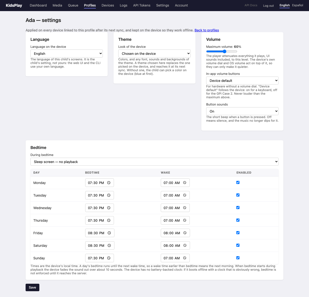 A profile's settings page: language, theme, a 60% volume cap, button sounds, and a weekly bedtime schedule