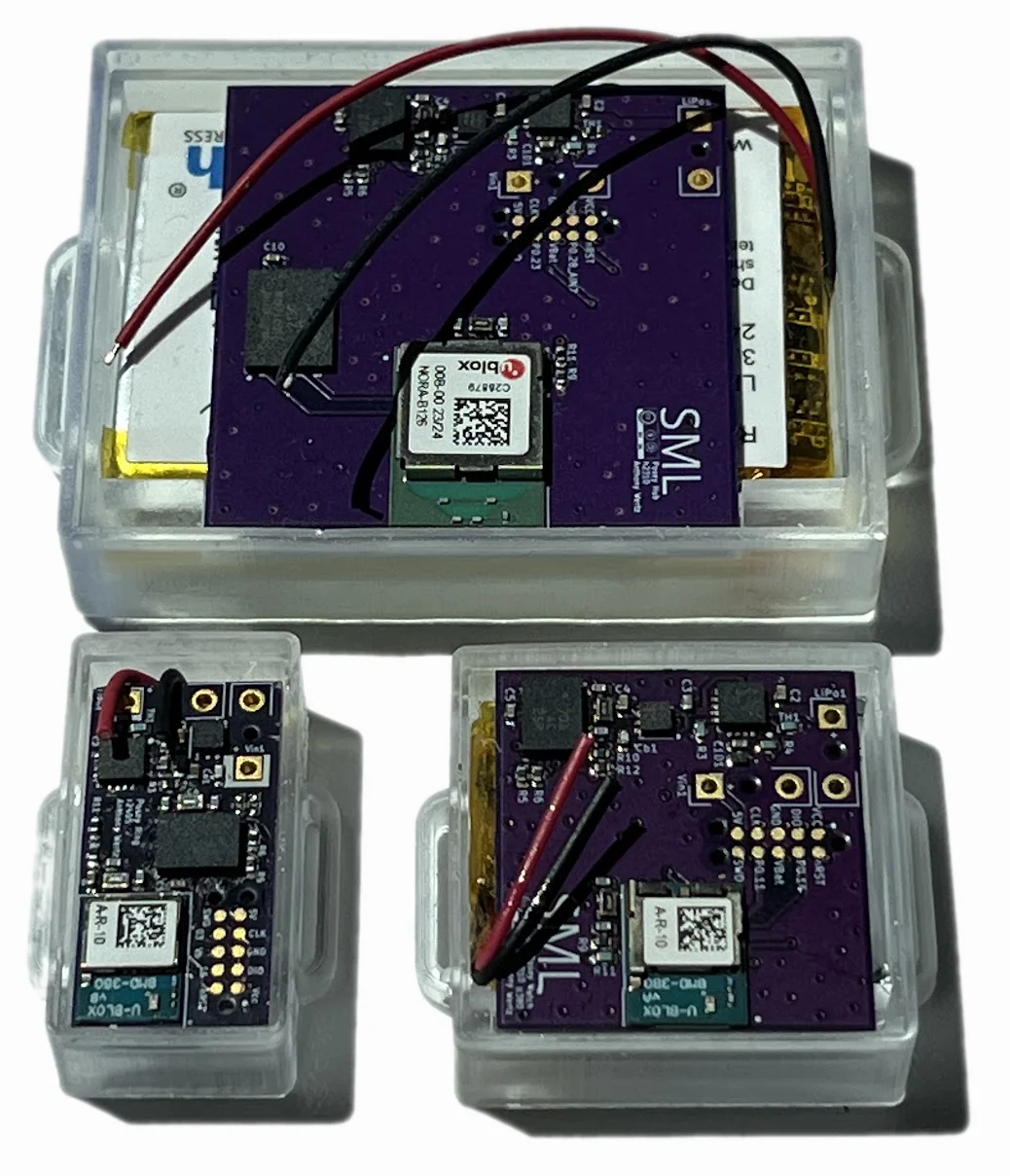 Figure 1: Full Posey suite: waist-mounted hub (top), ring (bottom left), and watch (bottom right).